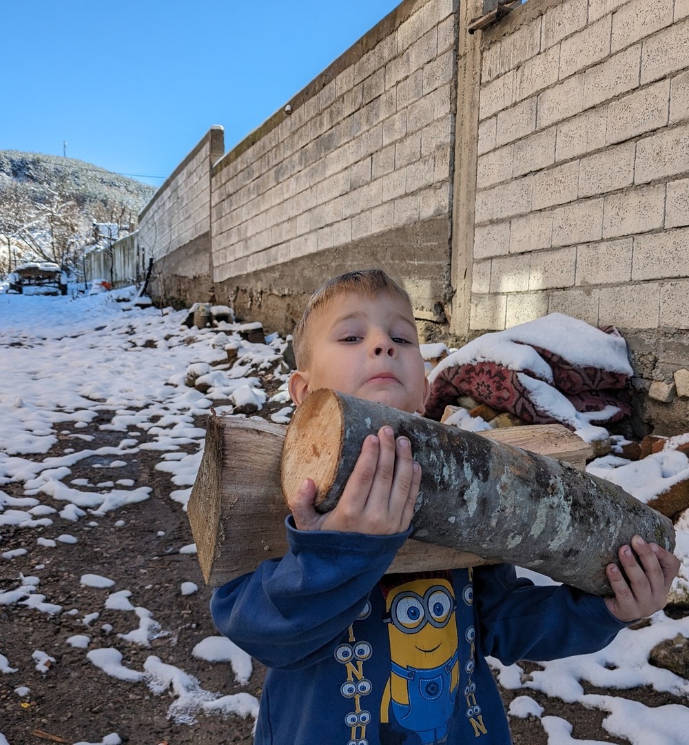 Everyone in the family helps with gathering heating wood for the home